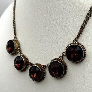 Statement Red Glass Stones Bib Necklace Antique Gold Tone 16-19 inch